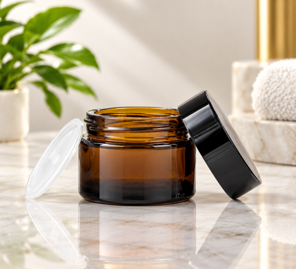 Amber Cosmetic Jar Spa Still Life 30GM Amber Glass Jar with Black Cap with Lid & Wad