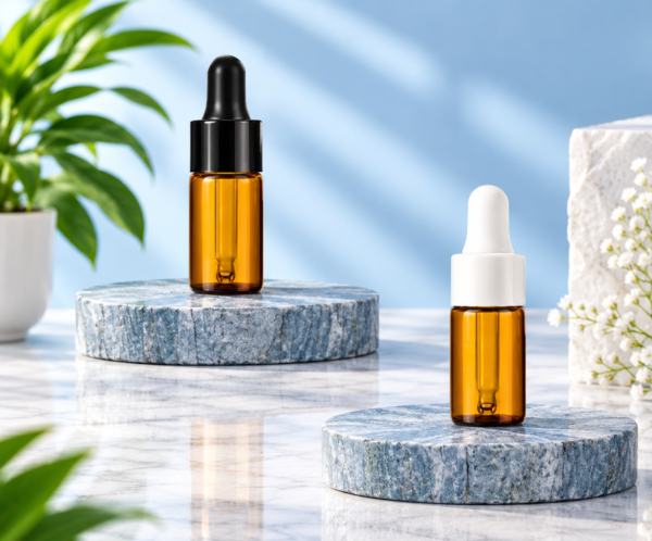 Amber Serum Bottles in a Spa Setting 10ML Amber Borosilicate Glass Bottle with Black and White Glossy Dropper