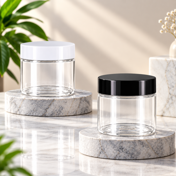 Elegant Glass Jars on Marble Pedestals 100GM Acrylic Jar with Black or White Cap