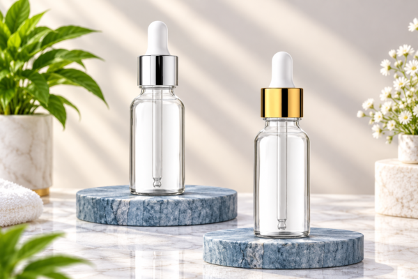 Elegant Stone-Set Serum Droppers 30ML Clear Glass Bottle with Golden and Silver Dropper 18mm
