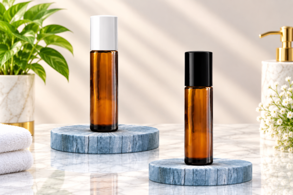 Luxury Amber Bottle Spa Still Life 10ML Amber Roll On Glass Bottle with Black and White Cap