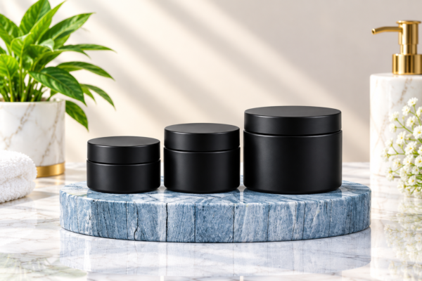 Luxury Black Cosmetic Jars on Marble 15g, 30g, 50gm Black Matt Coated Glass Jar Imported with Black Cap